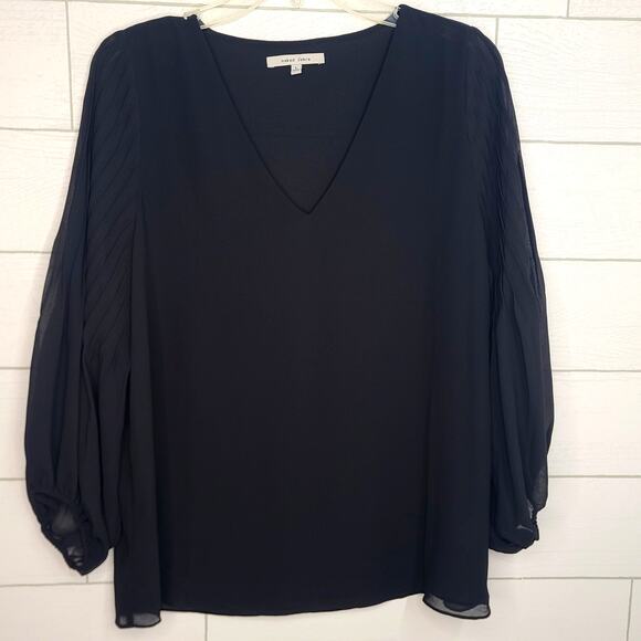 Naked Zebra Top Black V-Neck Blouse Sheer Pleated Balloon Sleeves Large - Picture 9 of 9